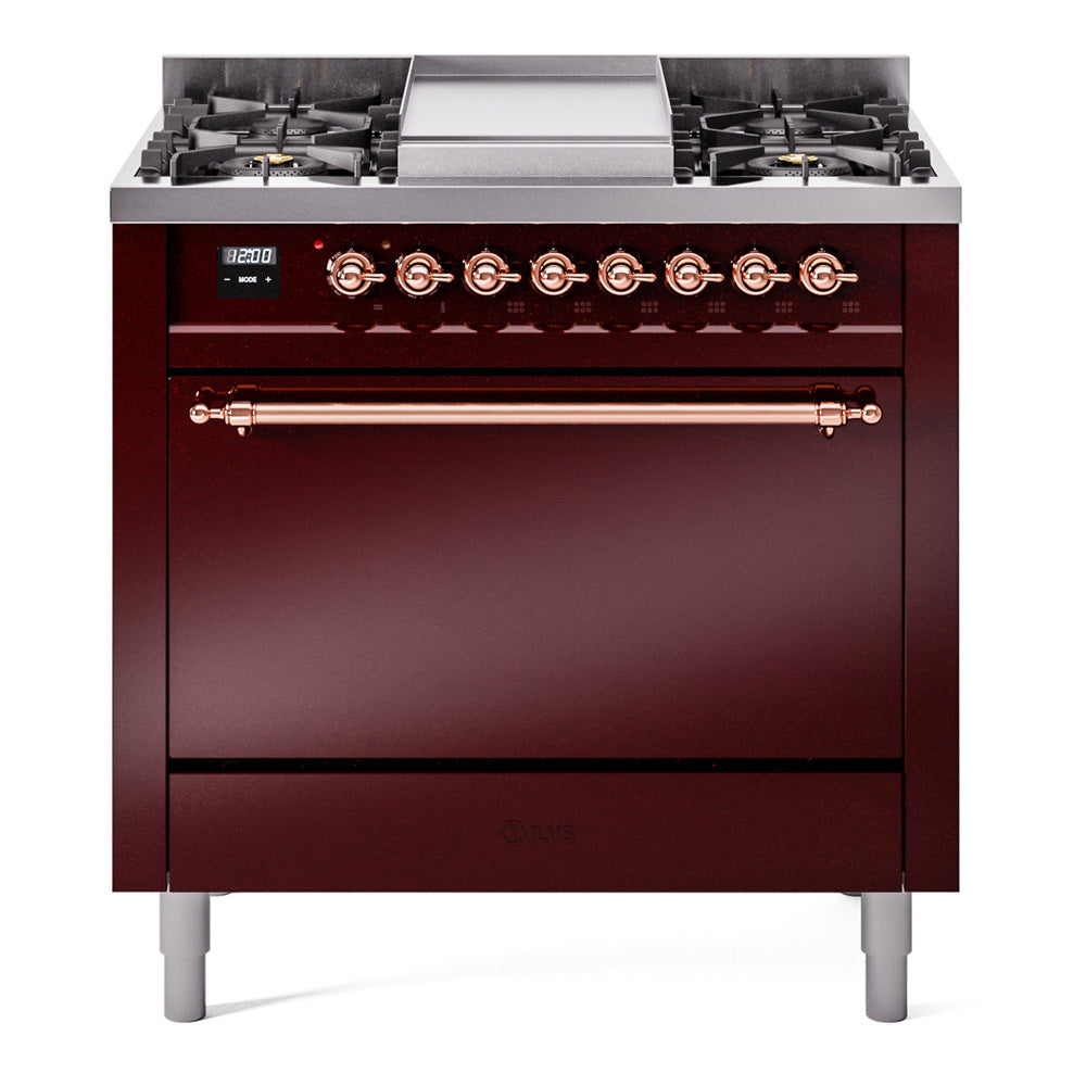 Burgundy dual-fuel range front view with six burners, copper control trim, closed oven