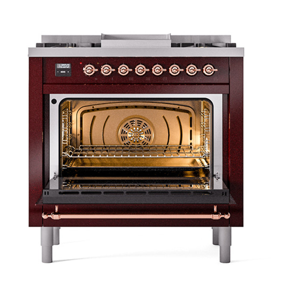Burgundy dual-fuel range with open solid door oven and copper-trim control panel