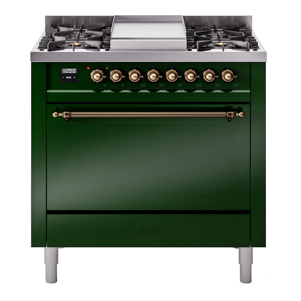 Emerald green dual-fuel range front with 6 burners, bronze knobs, and closed oven door