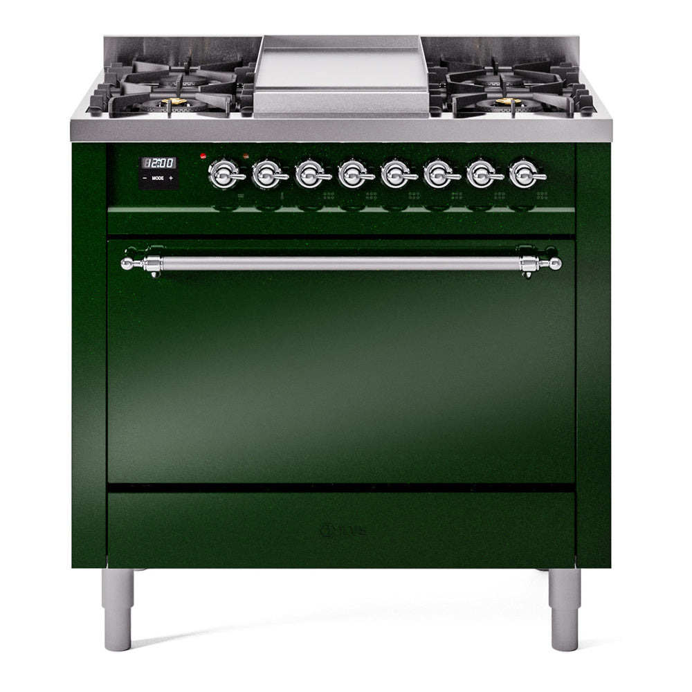 Emerald green dual fuel gas range front view with 6 burners and oven door