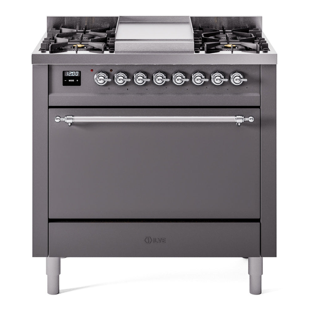 Matte graphite range with control knobs and chrome oven handle