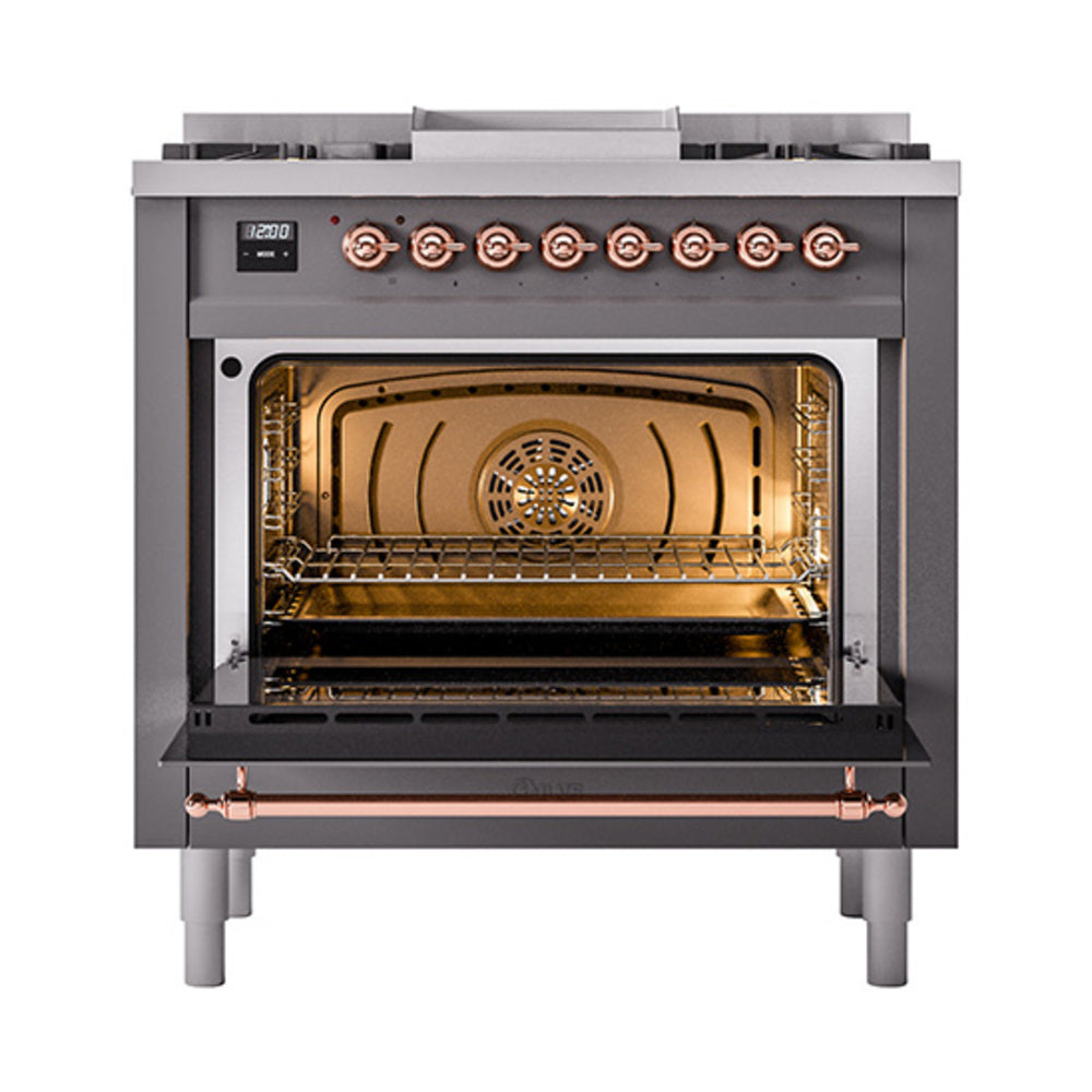 Matte graphite dual-fuel range with open solid-door oven and copper-trimmed control panel.