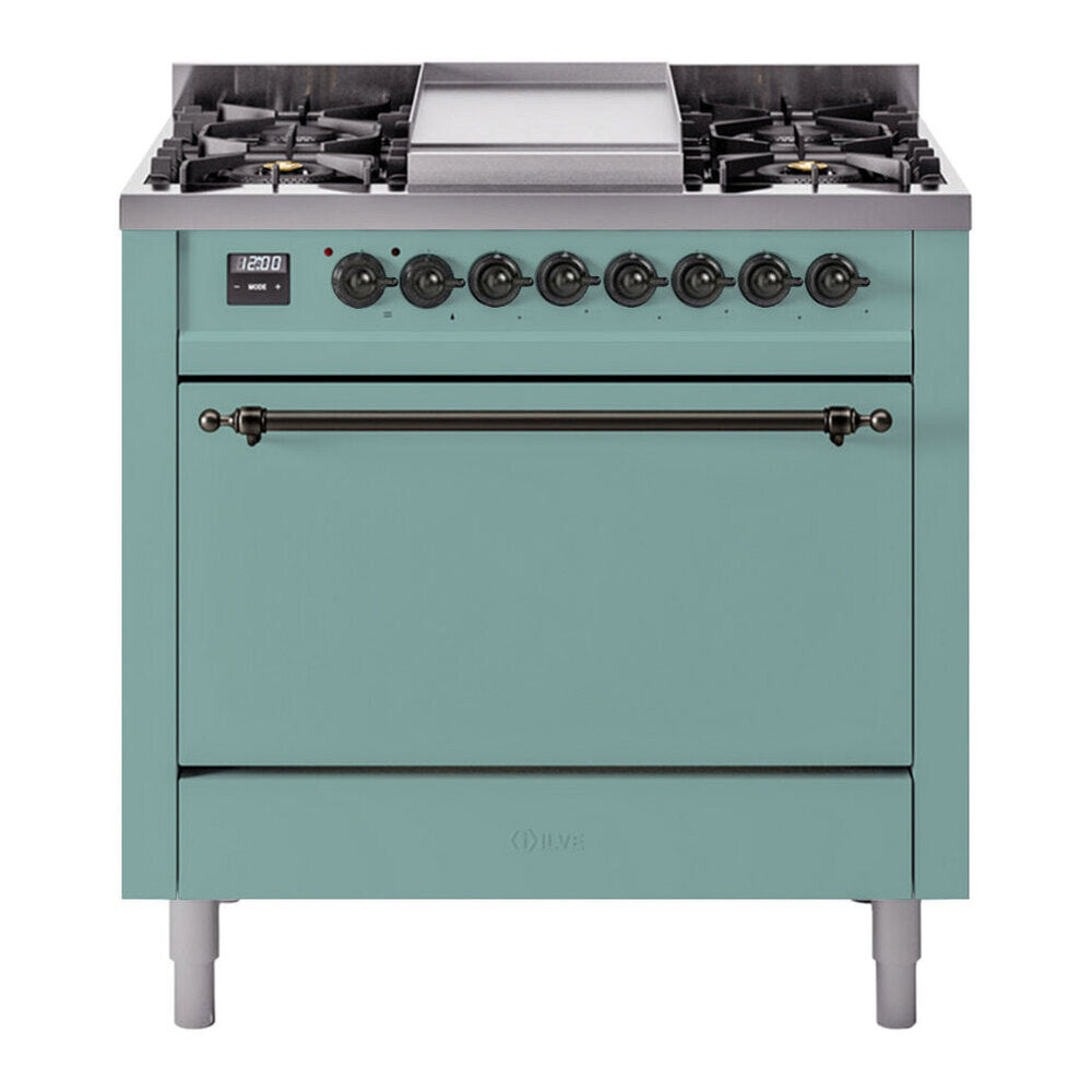 ILVE 36-Inch Nostalgie II Propane Gas Dual Fuel Range with 6 Burners and Solid Door Oven in Mediterranean Mint with Burnished Bronze Trim (UP36FQNMPMMBLP)