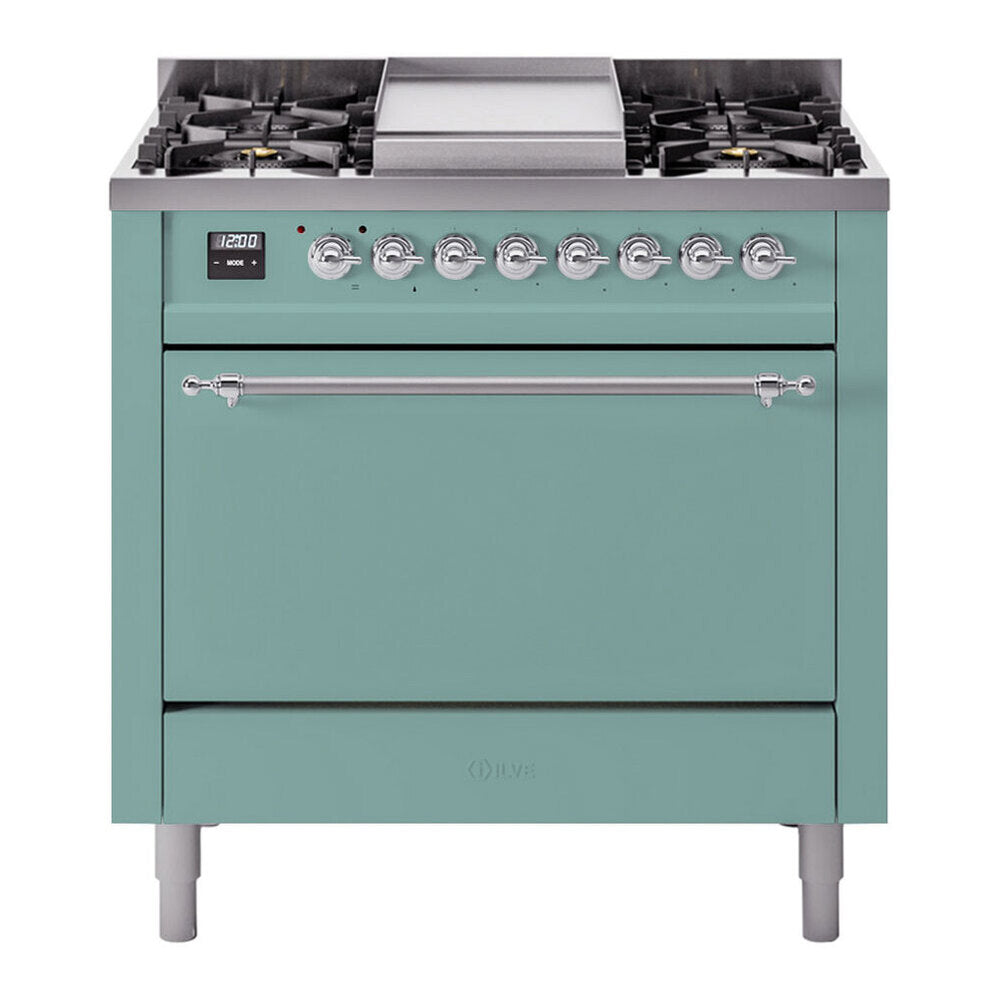 ILVE 36-Inch Nostalgie II Natural Gas Dual Fuel Range with 6 Burners and Solid Door Oven in Mediterranean Mint with Chrome Trim (UP36FQNMPMMC)