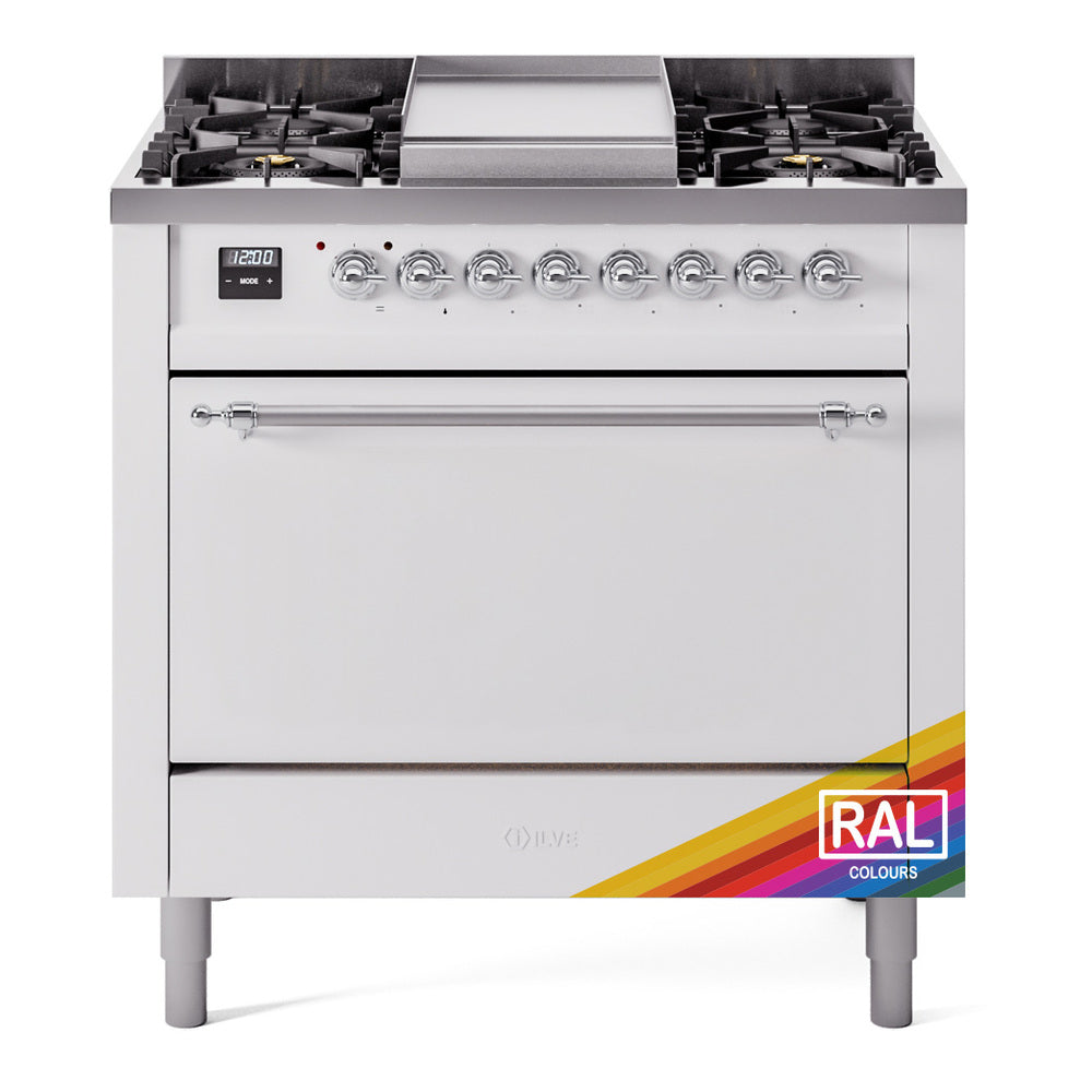 White dual-fuel range front view with six burner grates, control panel, and closed oven door