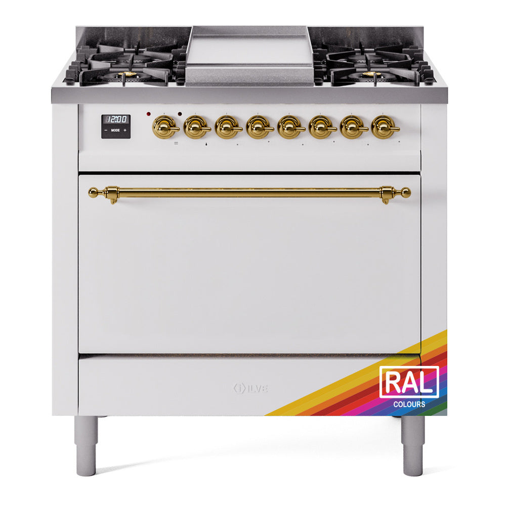 Brass-trimmed dual fuel range with six gas burners and solid oven door