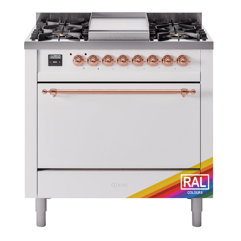 36-inch dual fuel gas range front view with copper trim, RAL colors badge