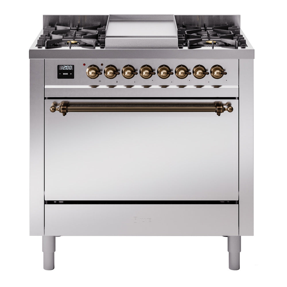 Stainless steel gas range with six burners, bronze control knobs, and closed oven door