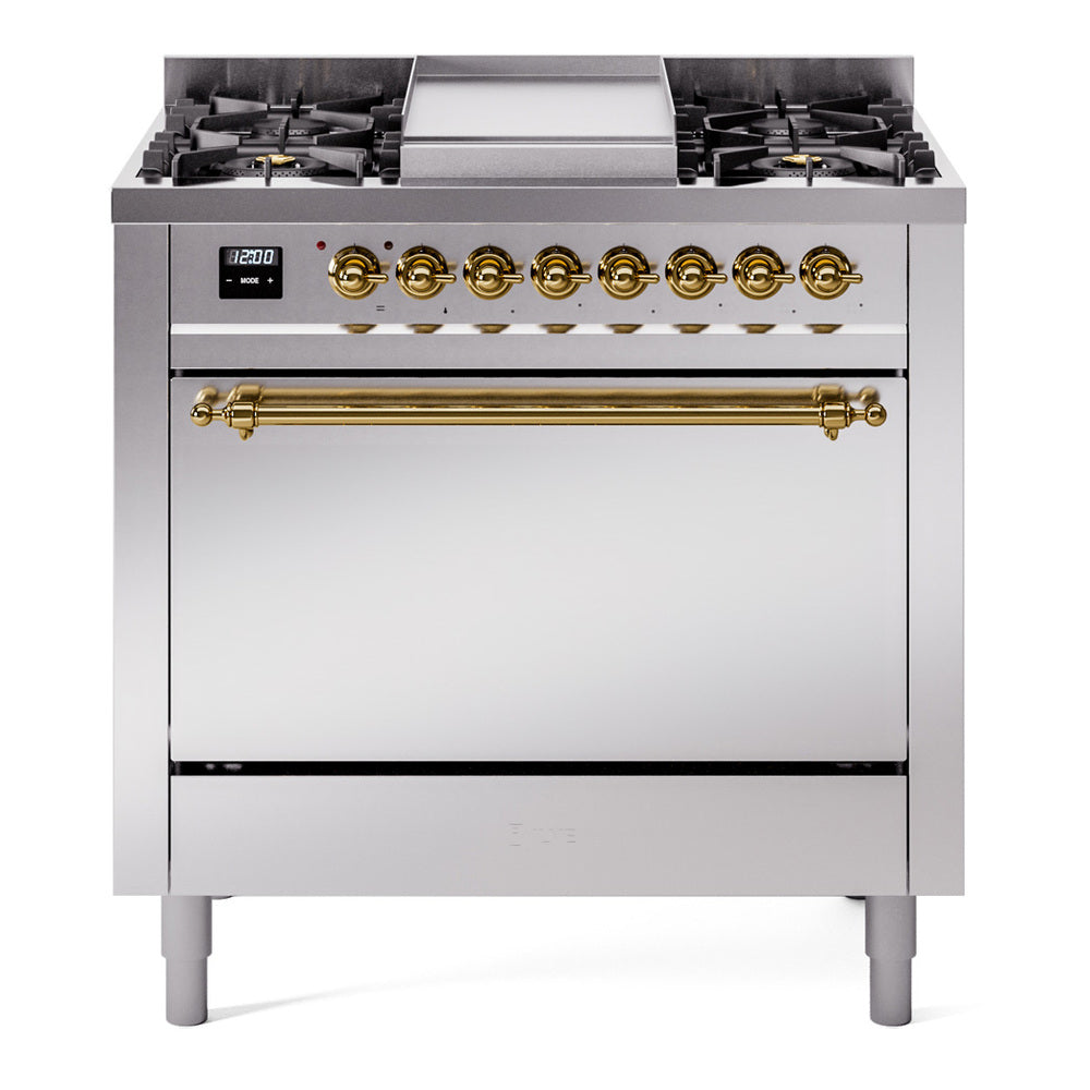 Stainless steel gas range with brass-trim knobs, six burners, and closed solid oven door.