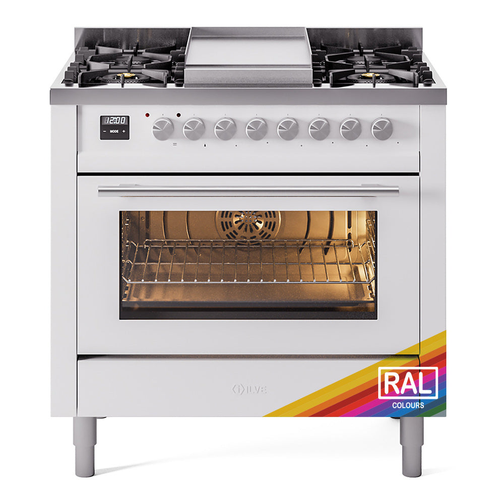 Freestanding dual-fuel gas range with open oven and 6 sealed burners on top