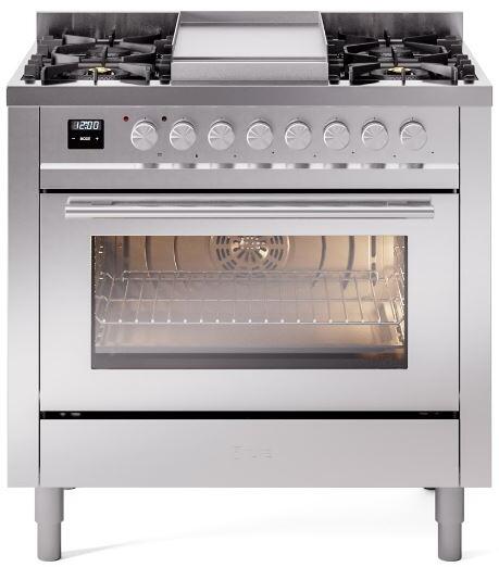 Freestanding stainless range front with 6 burners, control knobs, and oven glass door