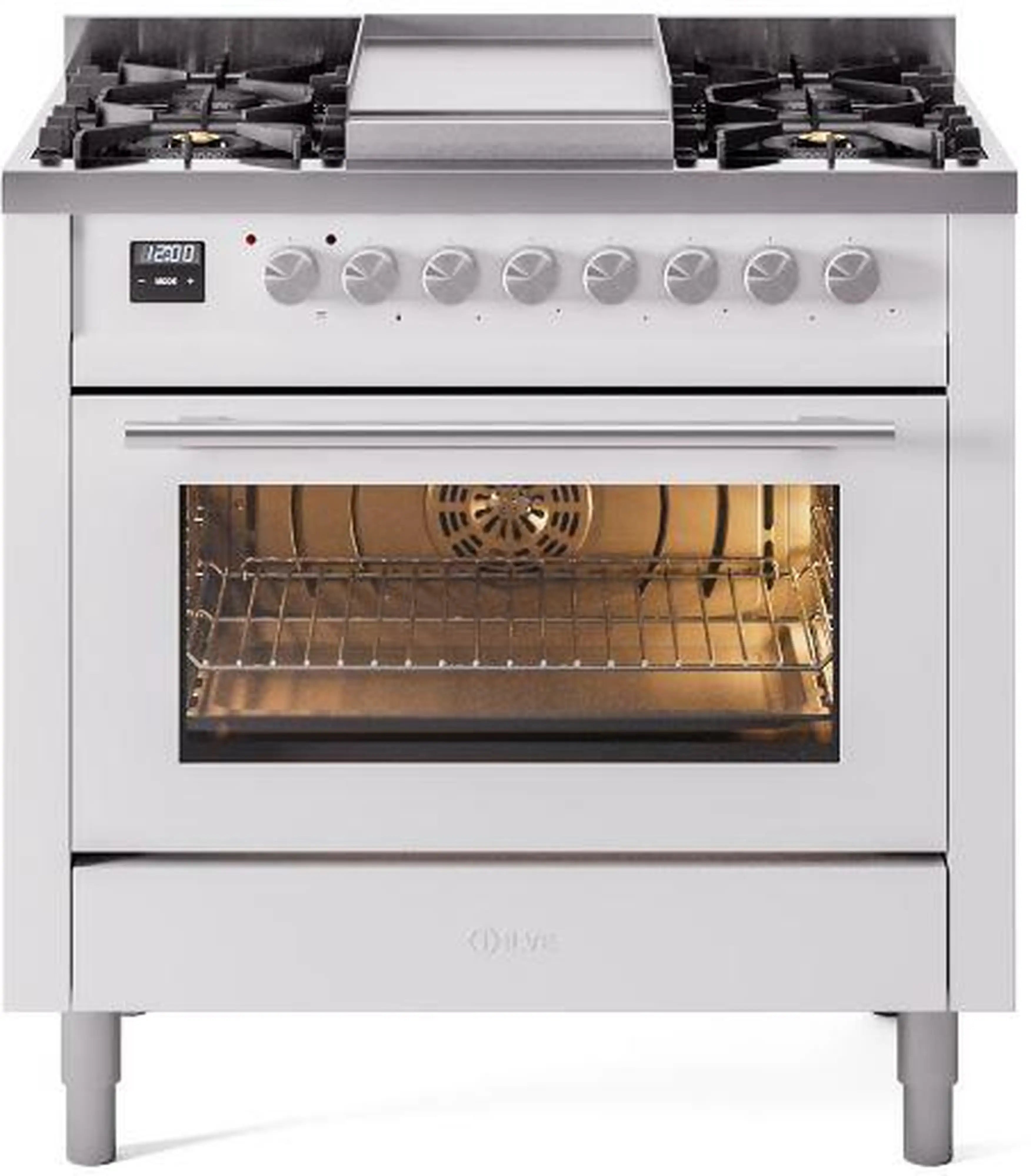 White freestanding dual-fuel gas range with burner grates, controls, and oven window