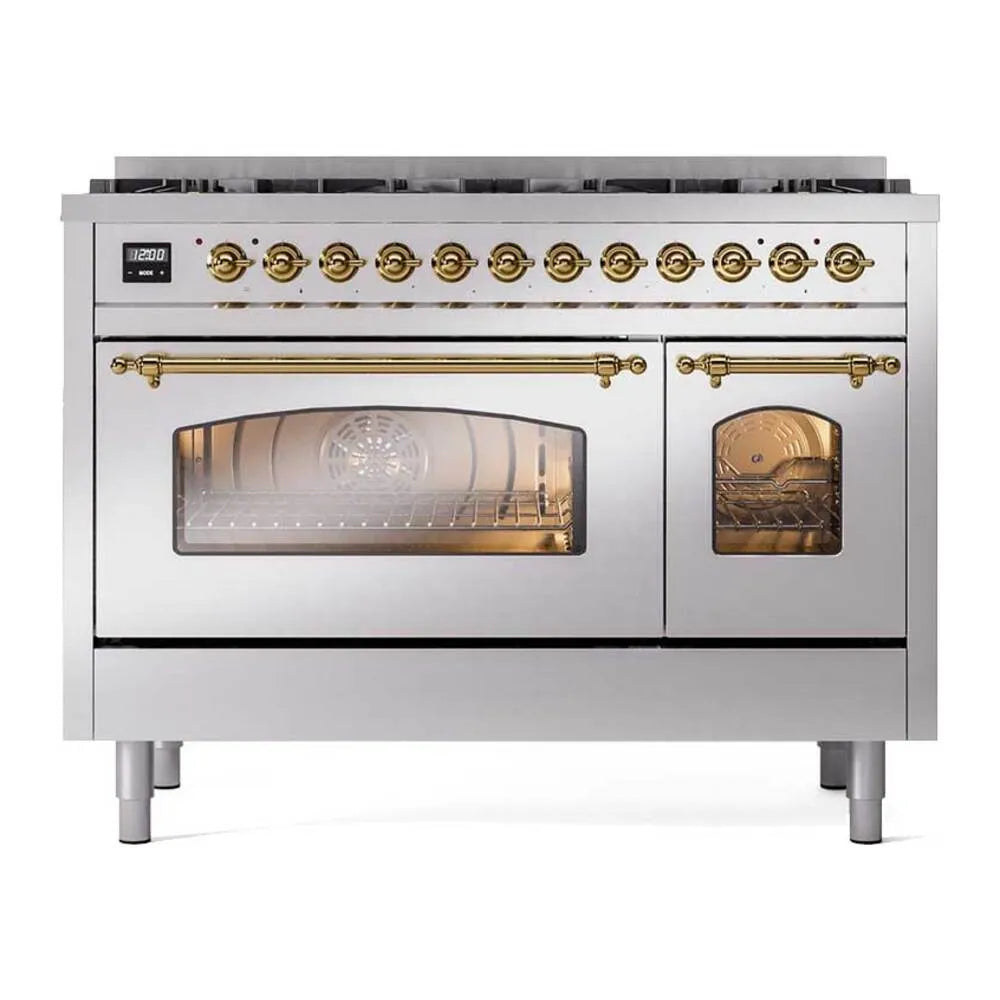 Stainless steel dual fuel gas range with two ovens and brass-trim controls, front view