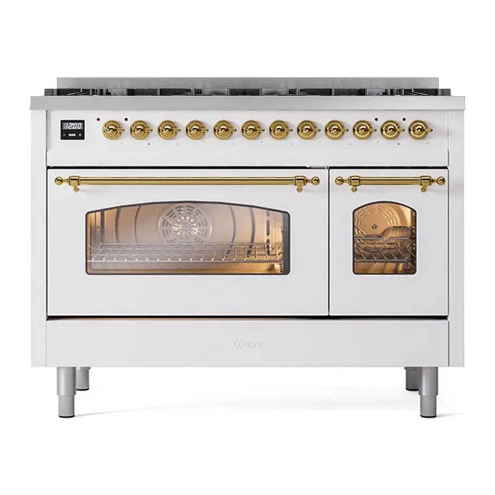 White dual fuel gas range with 8 brass burners, glass oven doors, and brass control knobs