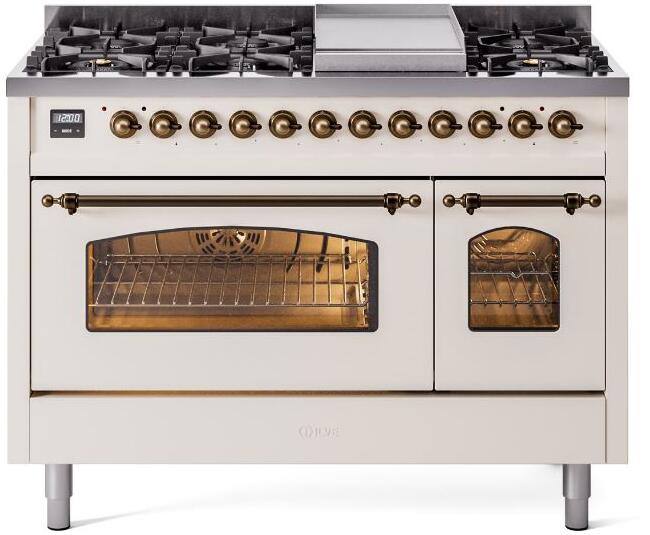 Dual fuel freestanding range with open oven door, antique white oven cavity and small window