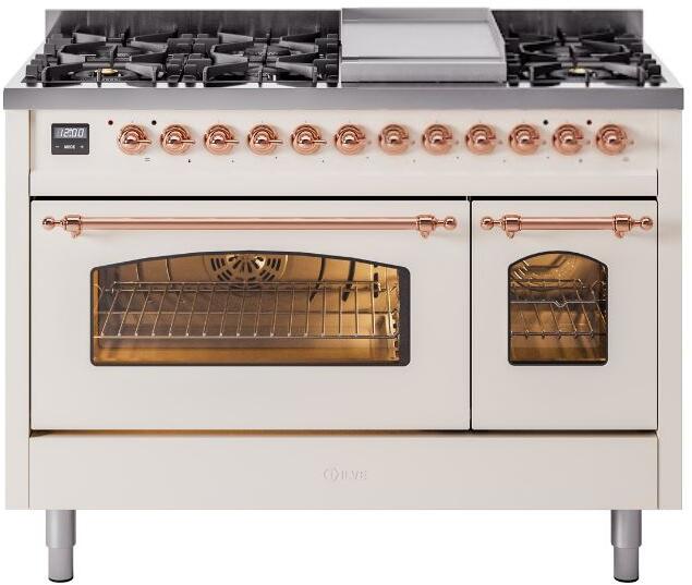 ILVE freestanding dual fuel range, stainless cooktop burners and two oven doors with windows
