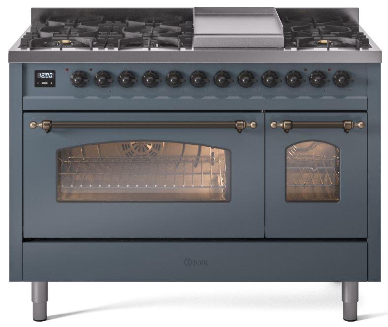 Front view of blue-gray dual fuel range with cooktop burners and both ovens open