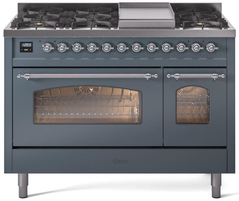 Blue grey freestanding dual fuel range with chrome control knobs and two oven doors