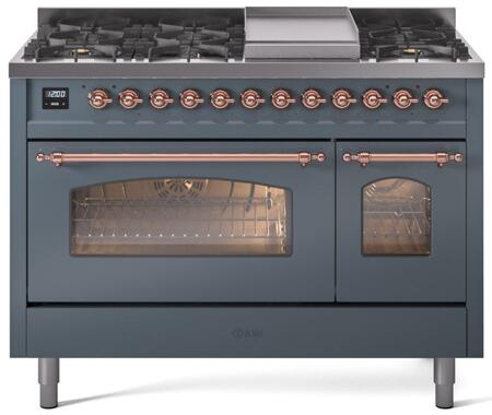 Blue grey dual fuel range front with gas cooktop above, twin oven doors, and copper rails