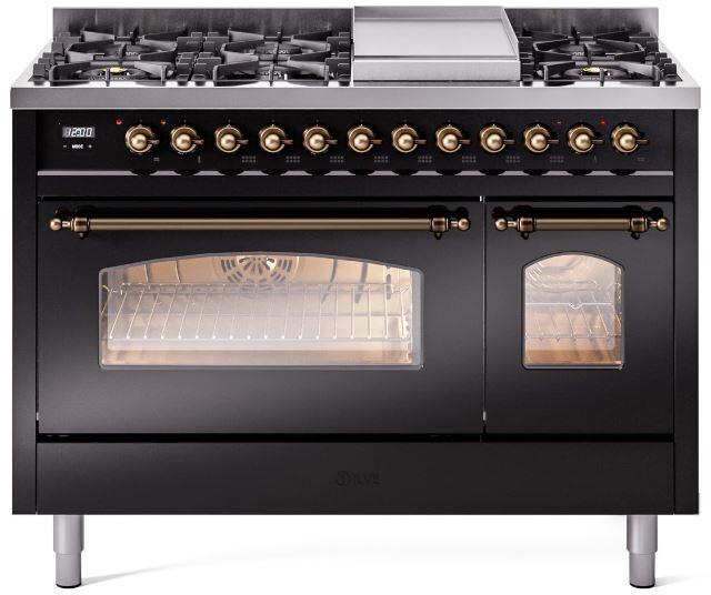 Dual fuel freestanding range with black doors, oven windows, and bronze control bar