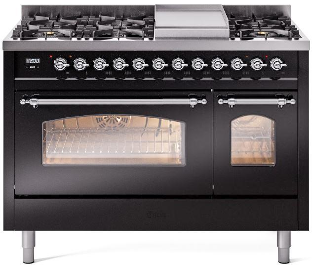 Black freestanding dual fuel range with burners, chrome knobs, and two oven doors