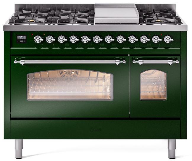 Emerald green dual fuel range front with burners, oven door window, and chrome controls
