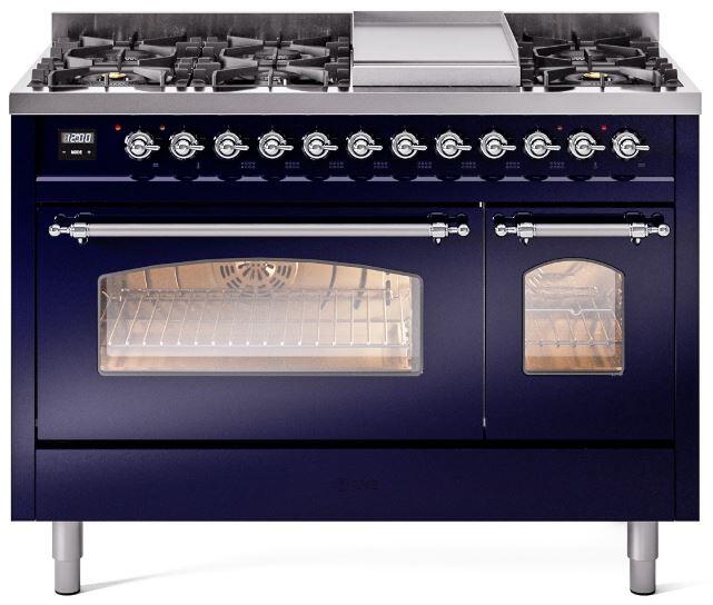 Midnight blue dual-fuel range with chrome knobs, burners, and double oven doors