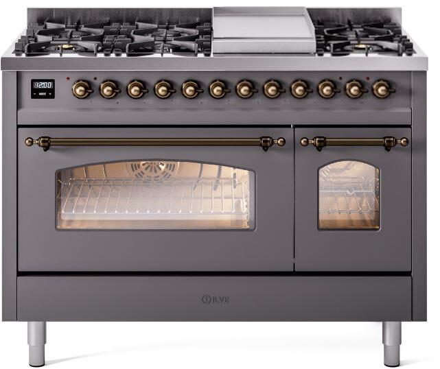 Matte graphite range with dual oven doors, burner grates, and bronze gas knobs