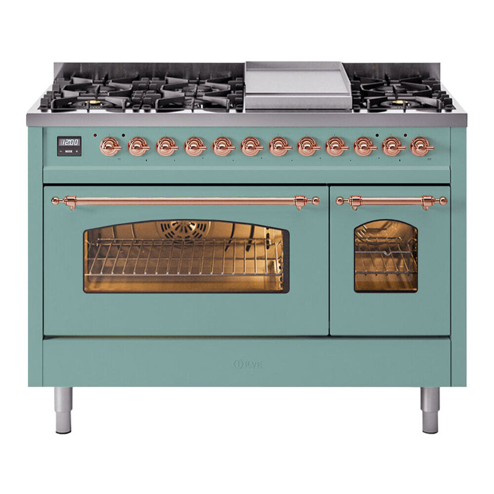 ILVE Nostalgie II 48-Inch Freestanding Natural Gas Dual Fuel Range in Mediterranean Mint with Copper Trim (UP48FNMPMMP)