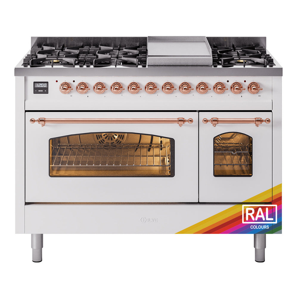 Dual fuel freestanding range front in white with cooktop burners and twin oven windows