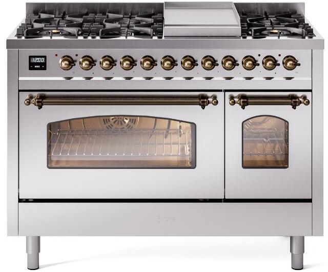 Stainless steel freestanding dual-fuel range with bronze-trimmed control knobs and oven windows