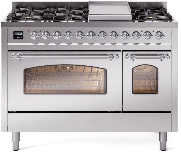 Stainless steel dual fuel range front with gas burners and oven doors