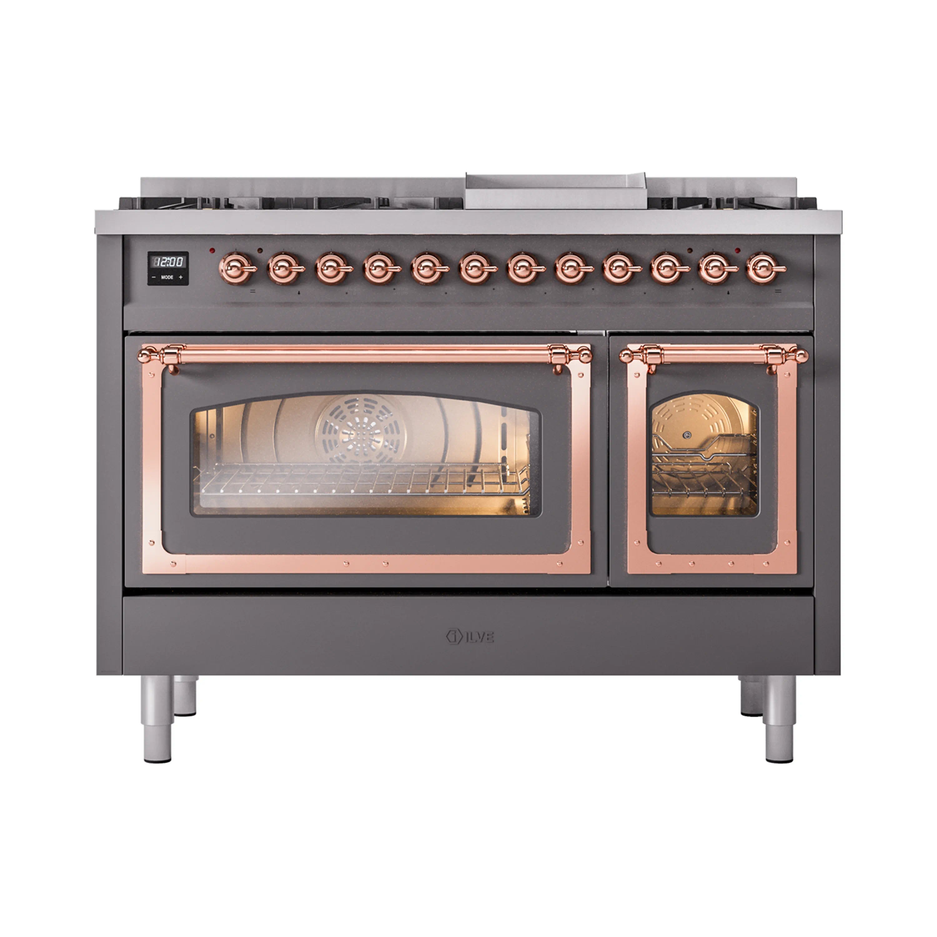 Matte graphite dual-fuel range with copper-trim control knobs and two oven doors