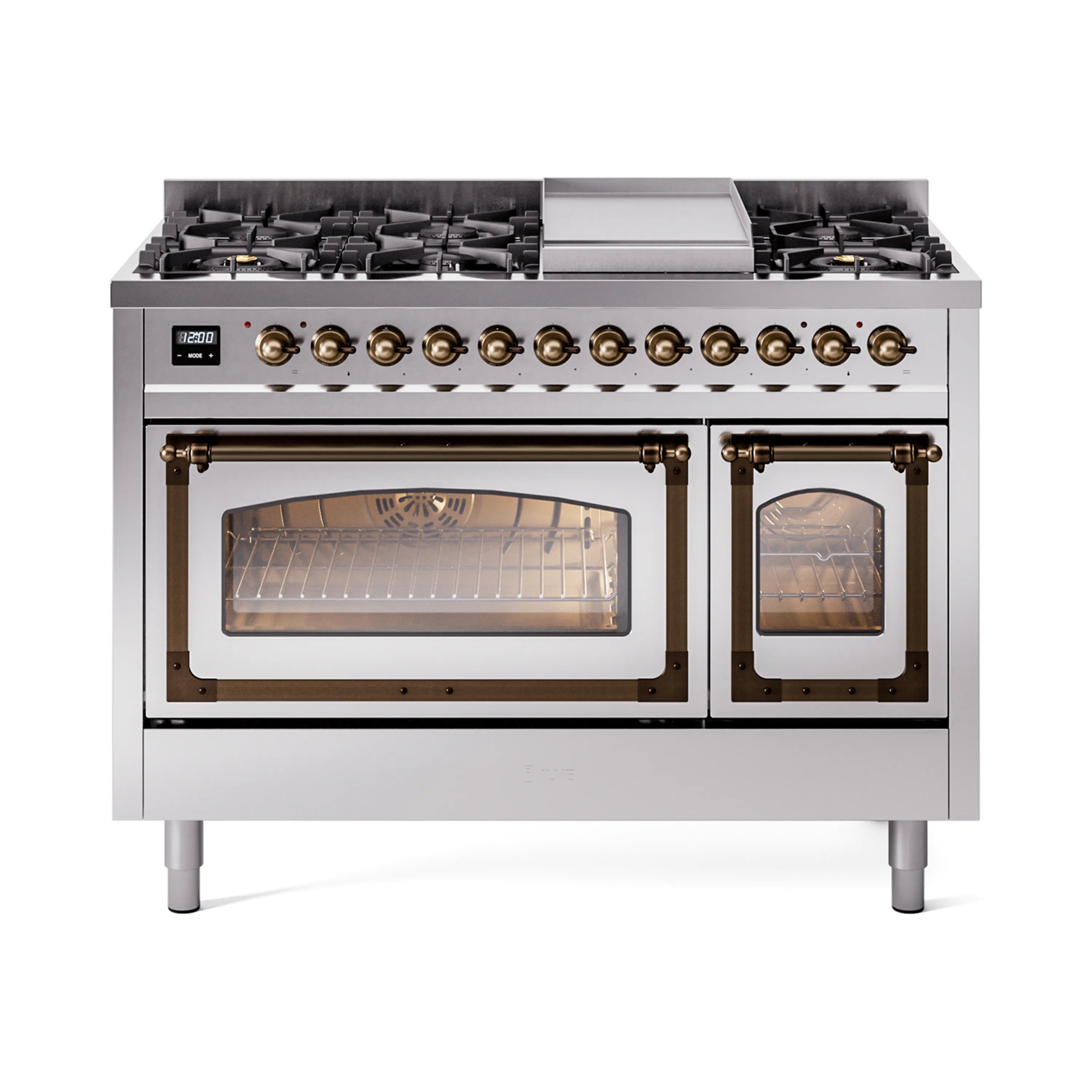 Stainless steel dual fuel range with bronze knobs and glass-door ovens, freestanding