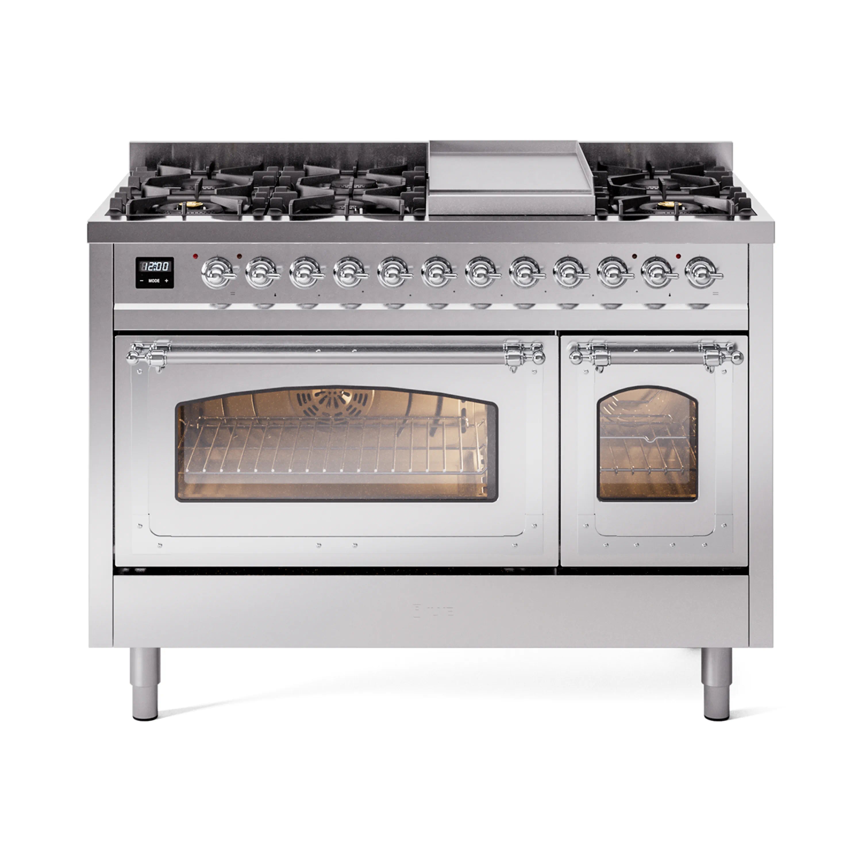 Stainless steel freestanding gas dual-fuel range with chrome trim, front view and knobs