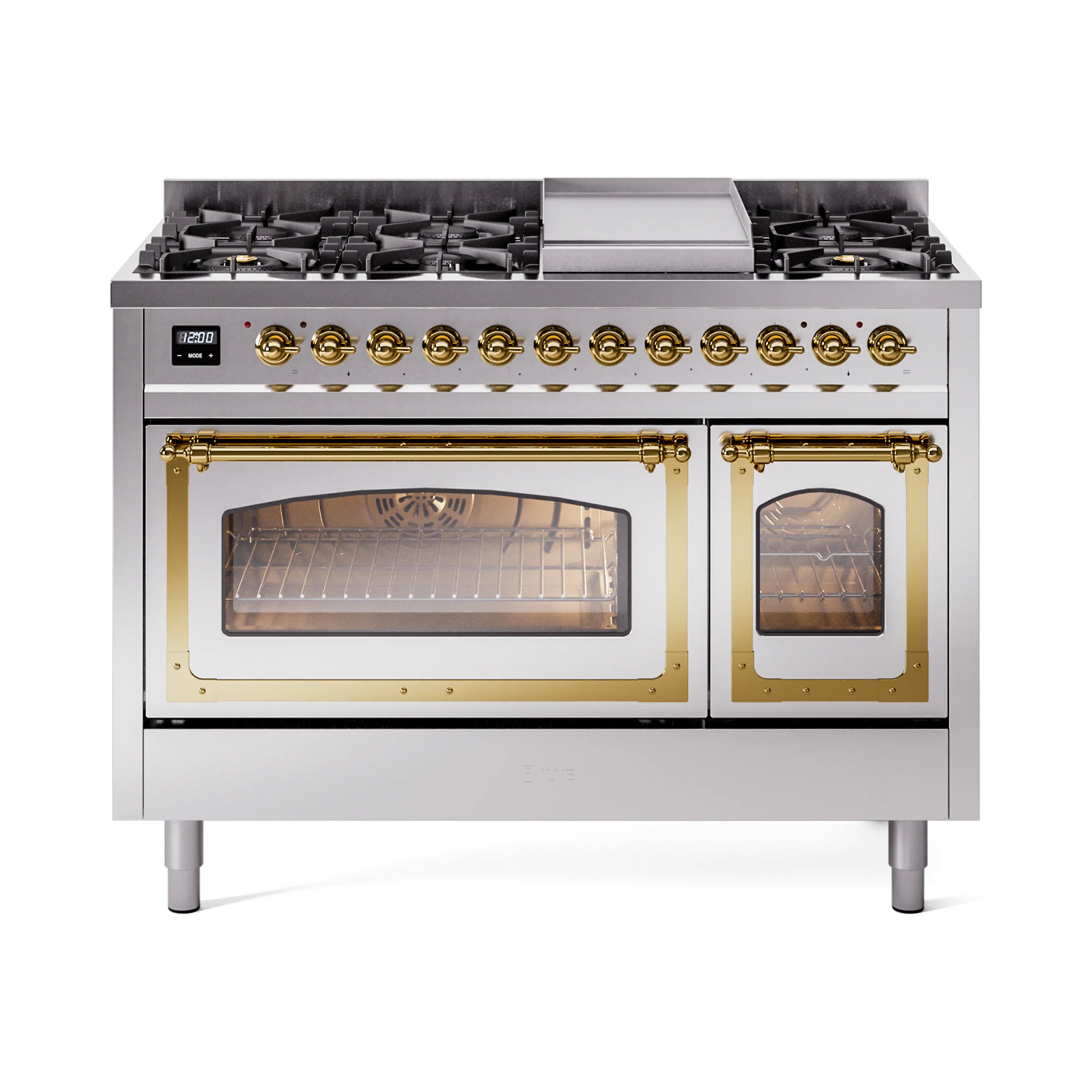 Stainless steel freestanding gas range with brass trim, two ovens, and front control knobs