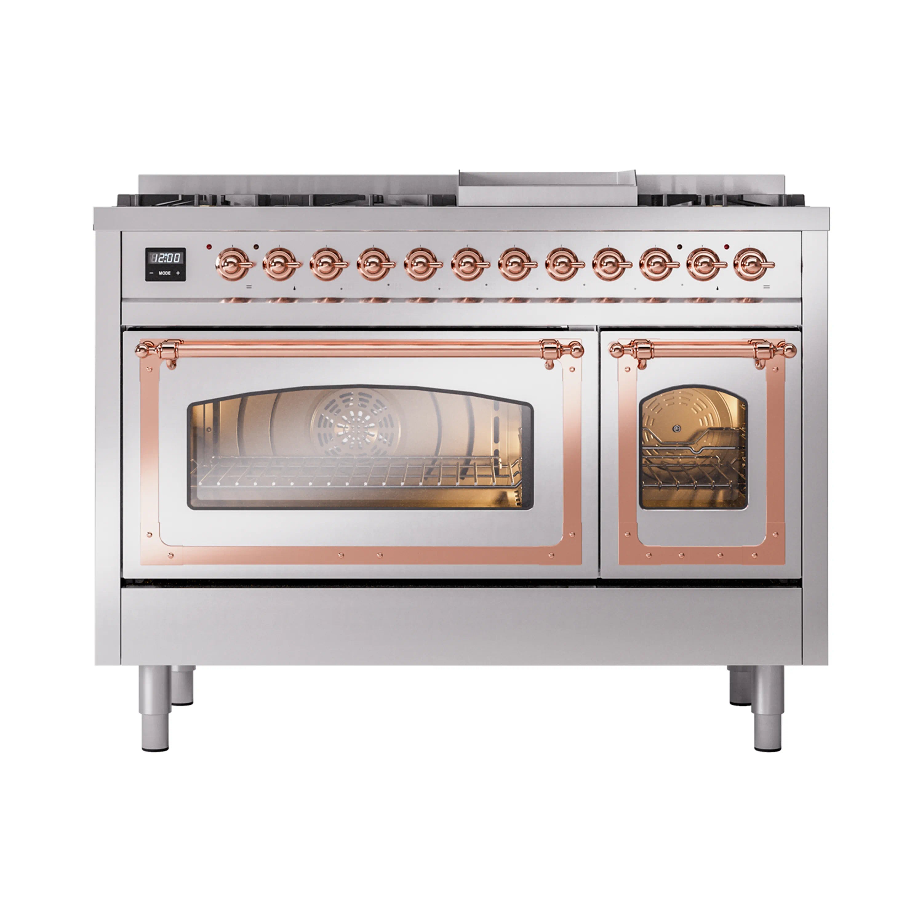 Stainless steel range with copper trim, front control knobs and dual oven windows