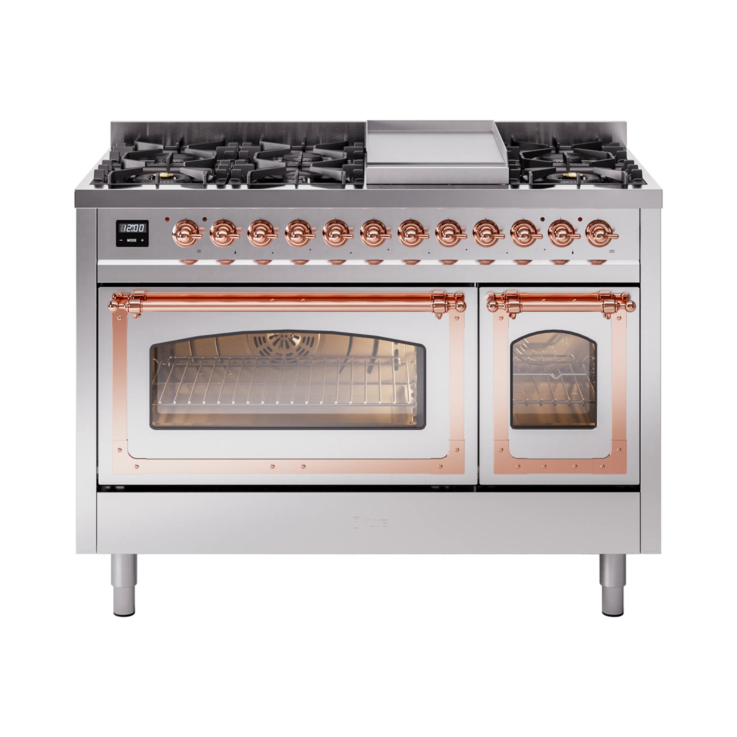 Stainless steel dual fuel gas range with copper trim, dual ovens and cooktop burners