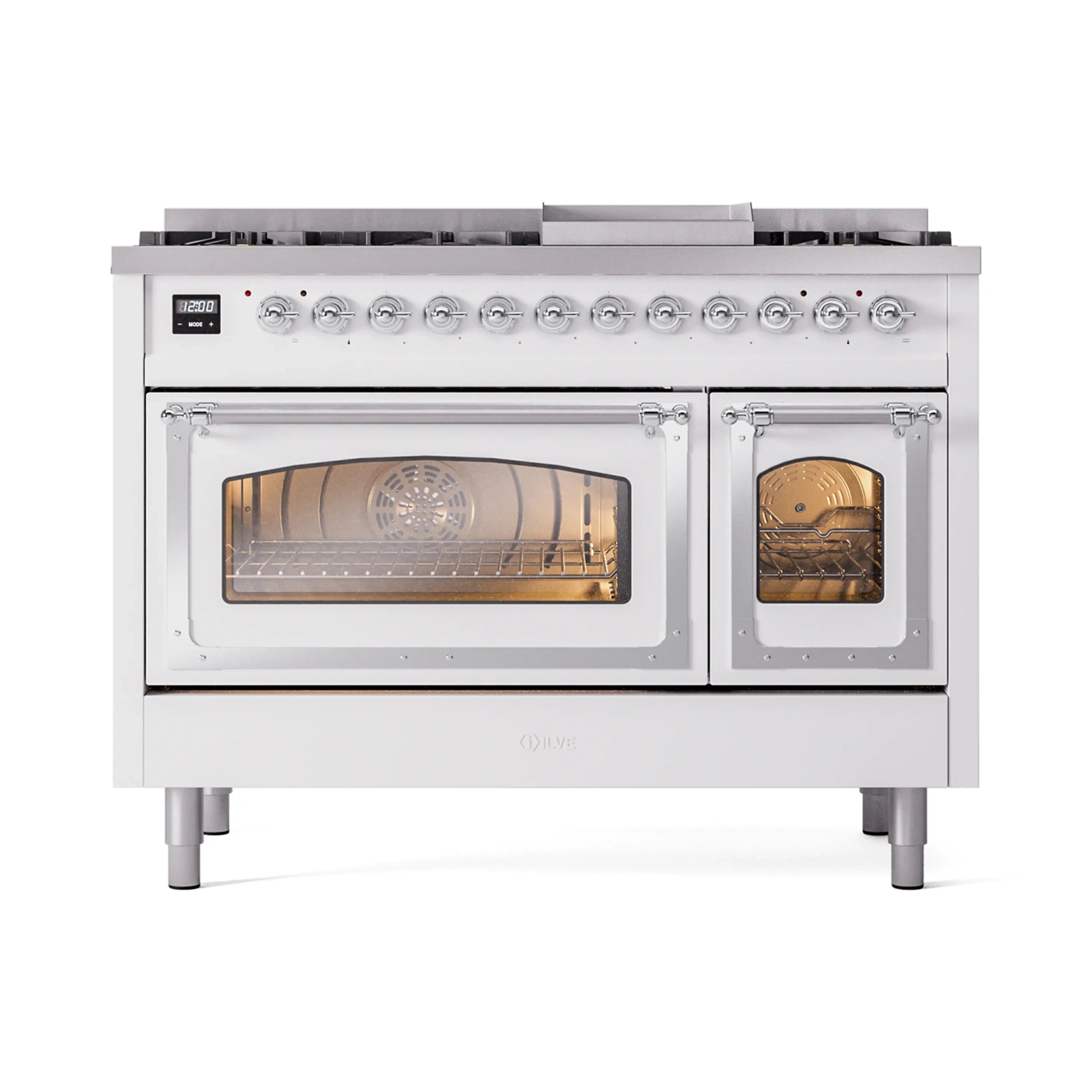White dual-fuel freestanding gas range with illuminated oven windows and chrome knobs