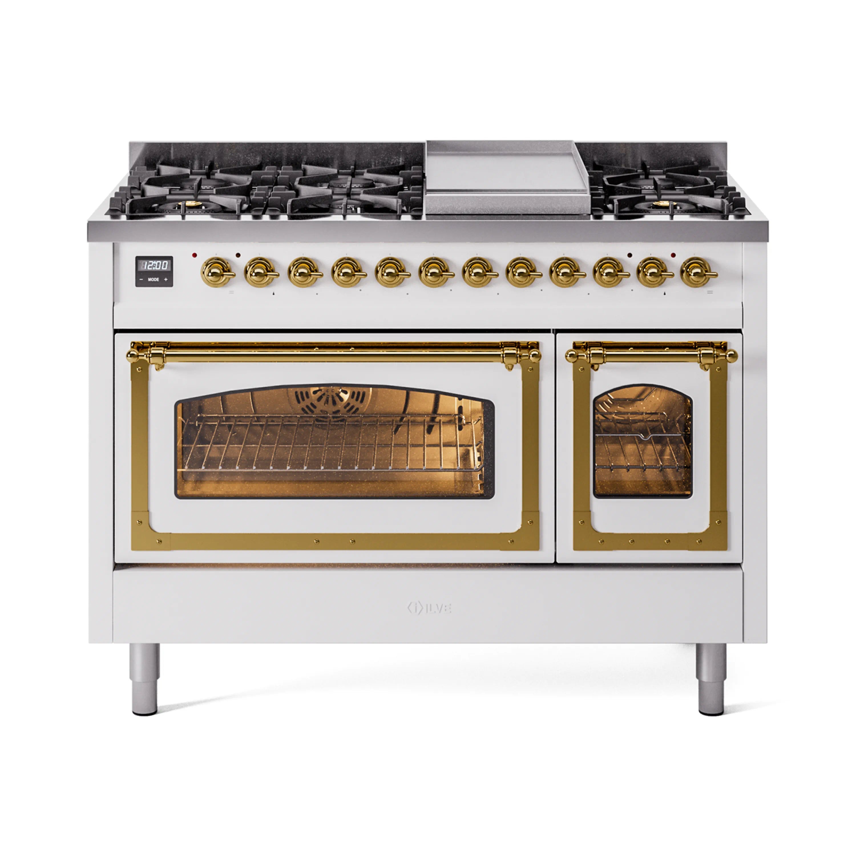 Freestanding gas dual-fuel range with white cabinet, brass trim, and two ovens