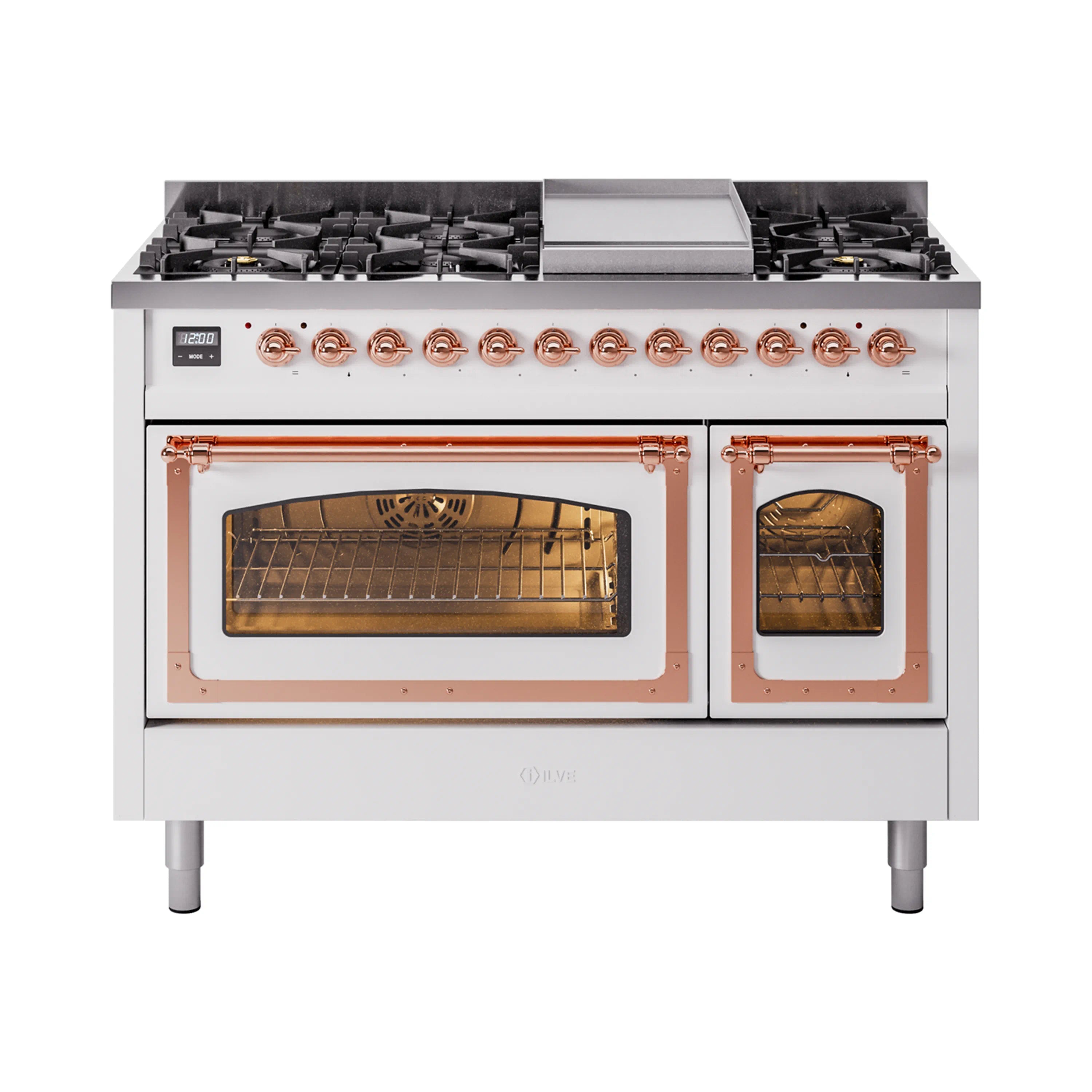 Freestanding white dual-fuel range with copper-trimmed oven doors and control knobs