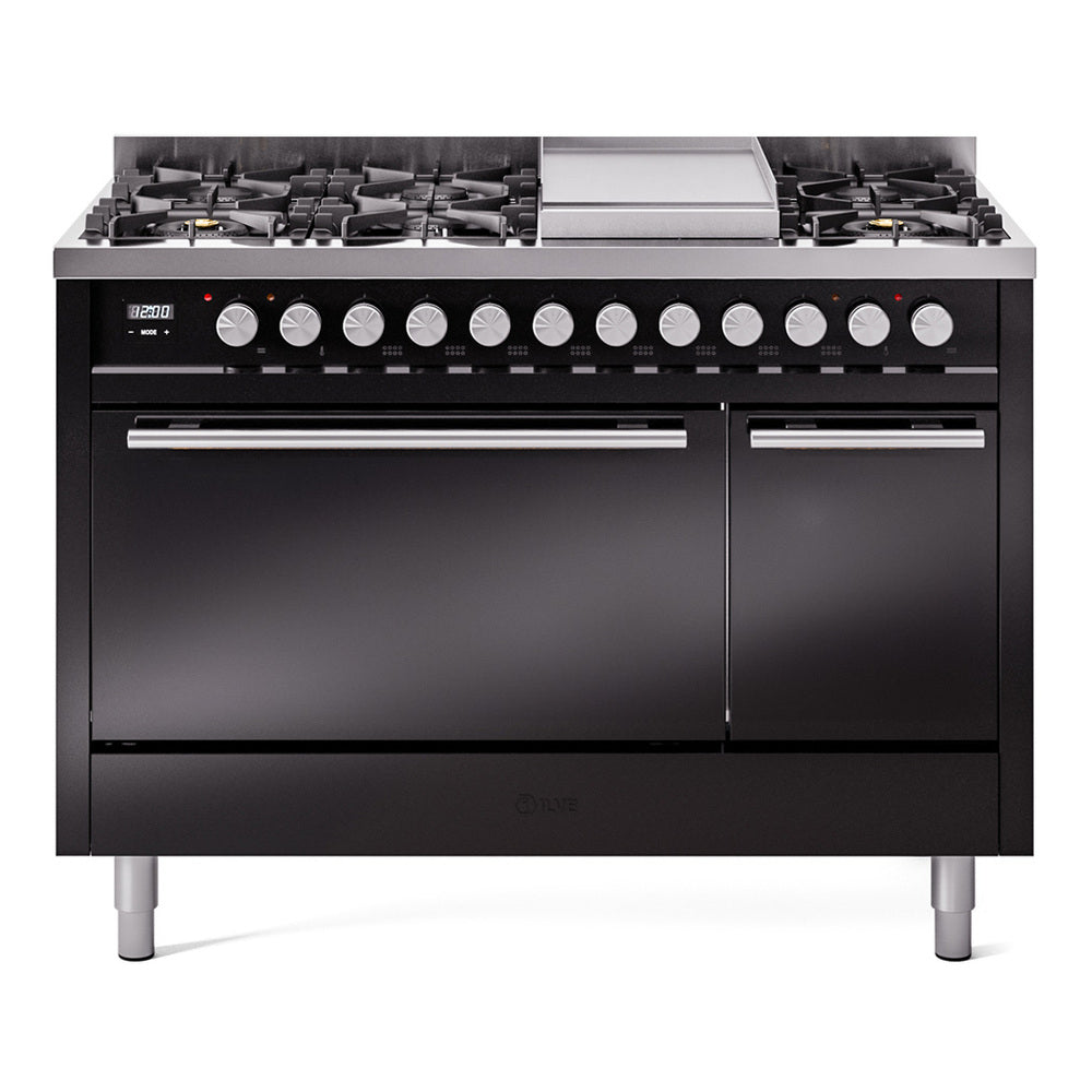 Glossy black dual oven range with griddle, burner knobs, and two oven doors