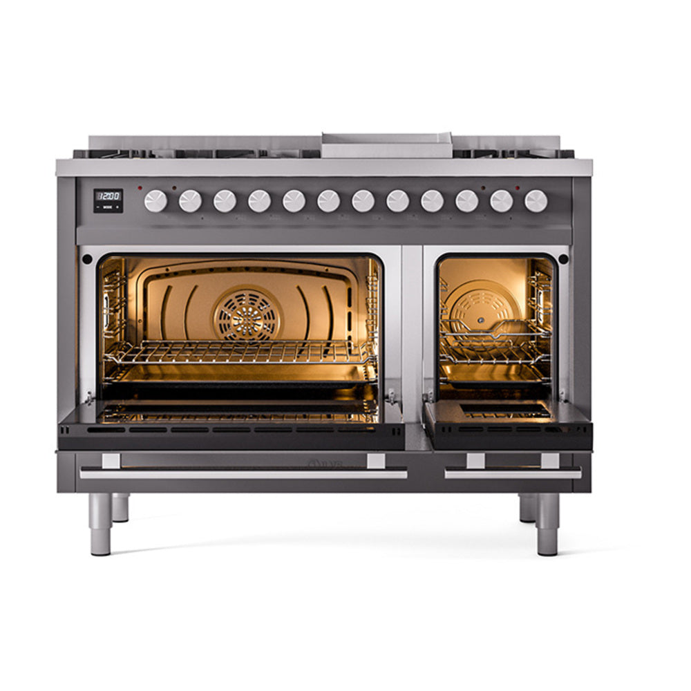 Dual oven doors open on matte graphite gas range, showing interior racks