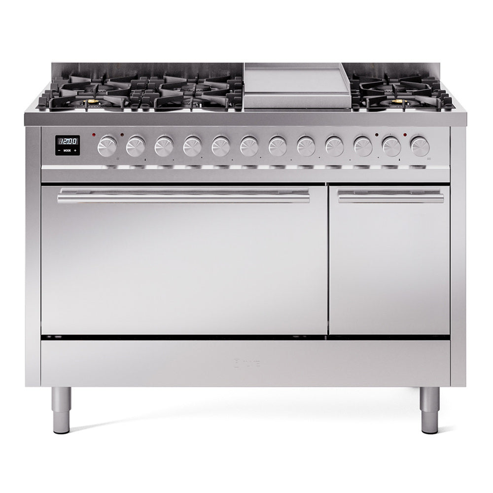 Stainless steel dual fuel range with griddle, burners, and two oven doors