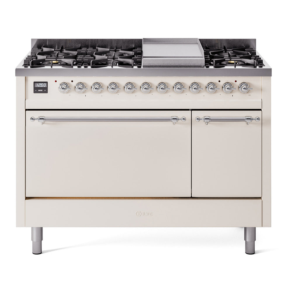 ILVE dual fuel range with griddle, eight burners, and two oven doors in antique white