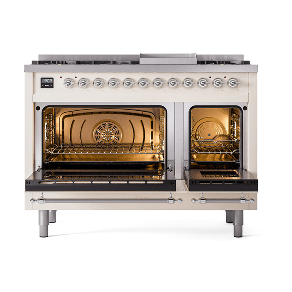 ILVE dual fuel range with two open ovens showing interior racks and heating elements