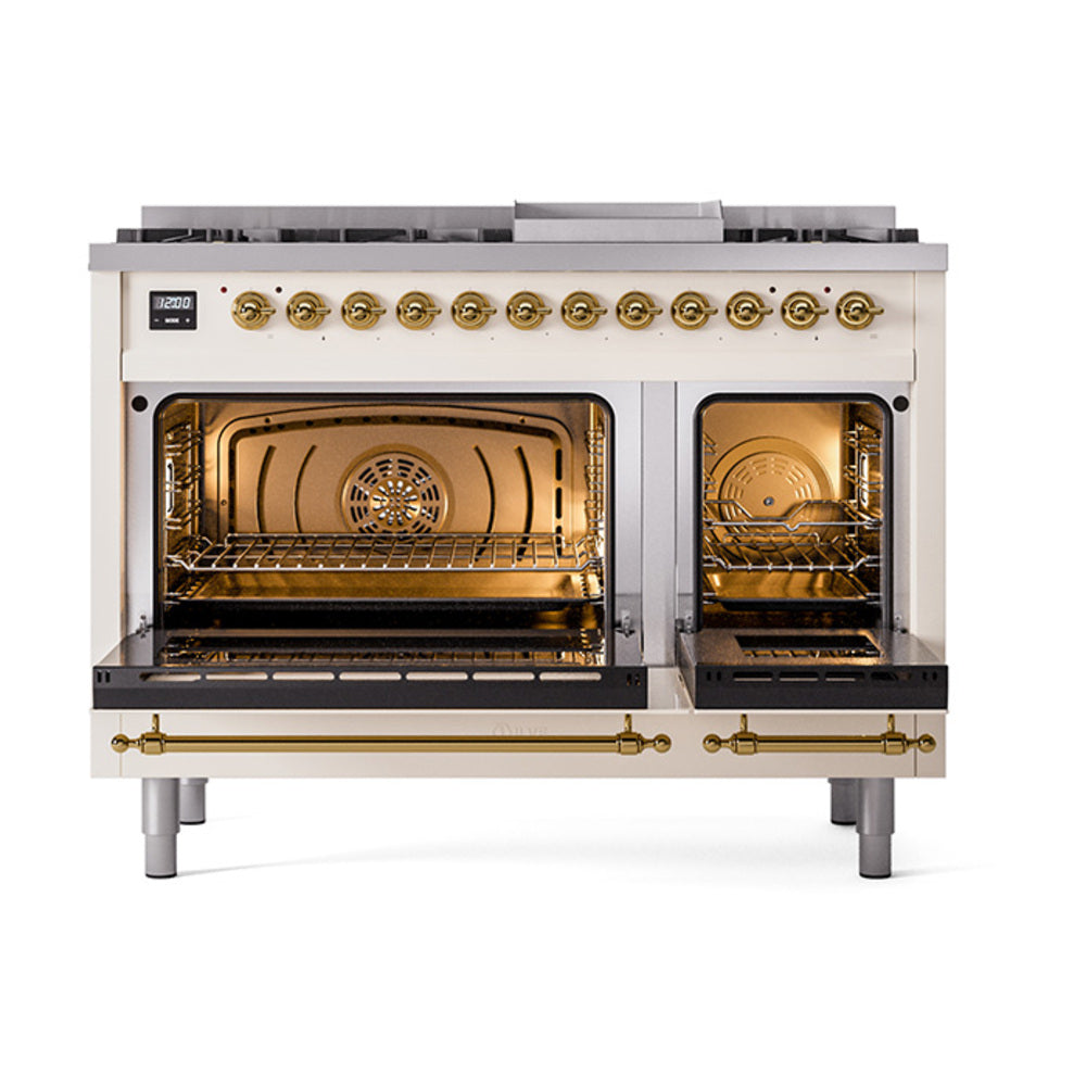 Antique white range with dual oven doors open, brass trim, and interior racks