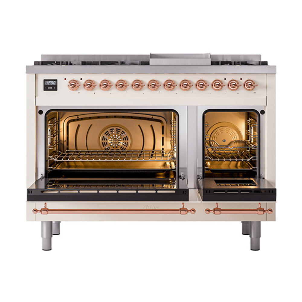 Antique white dual fuel range with copper controls; two open oven doors with racks inside