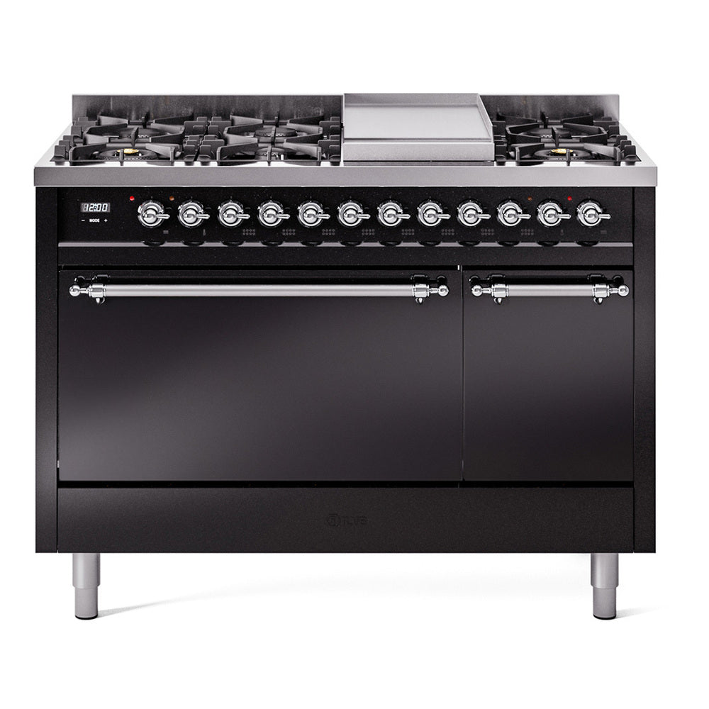 ILVE dual fuel range in glossy black with chrome-trimmed burners and griddle
