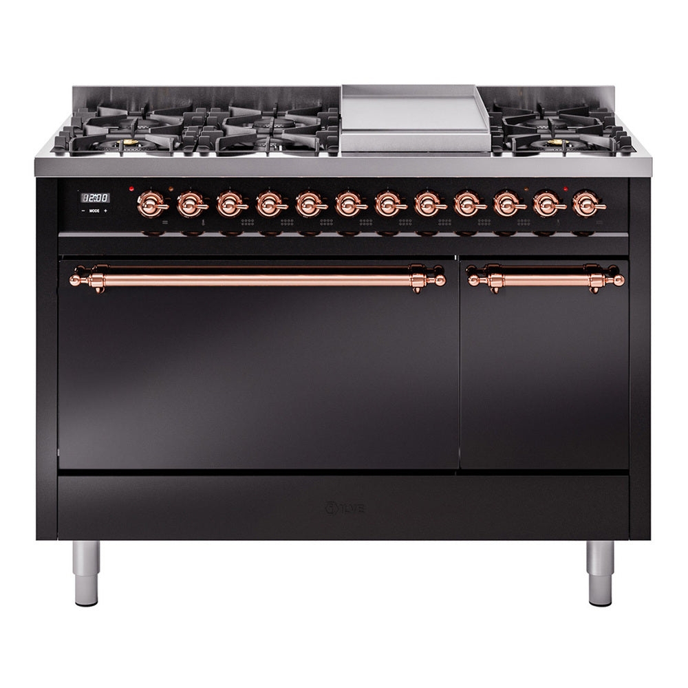 Glossy black dual fuel range front with copper-trimmed burners and control panel